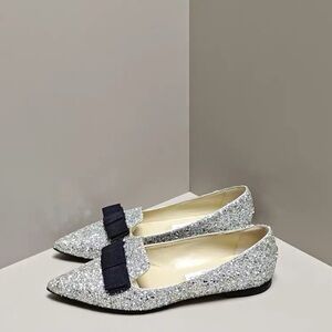 🚩steal authentic Jimmy Choo Glitter Silver Flats with Black Bow